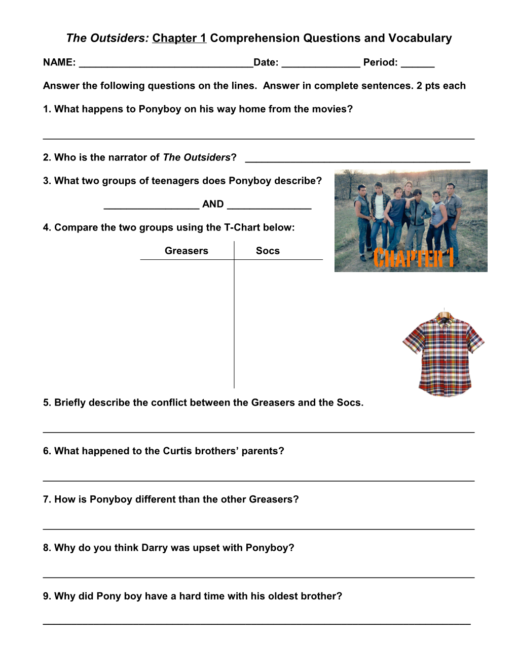 The Outsiders: Chapter 1 Comprehension Questions and Vocabulary