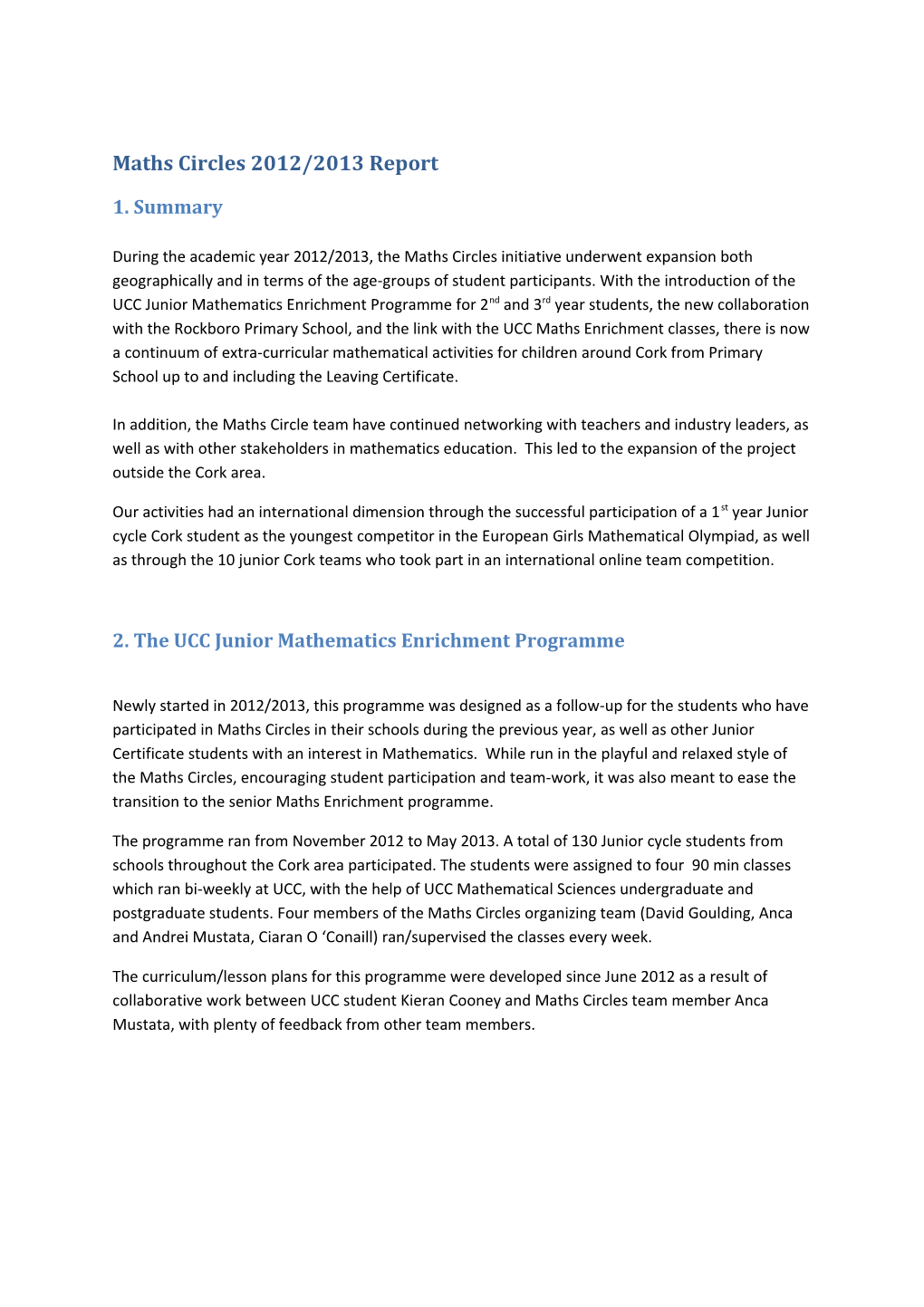 Maths Circles 2012/2013 Report