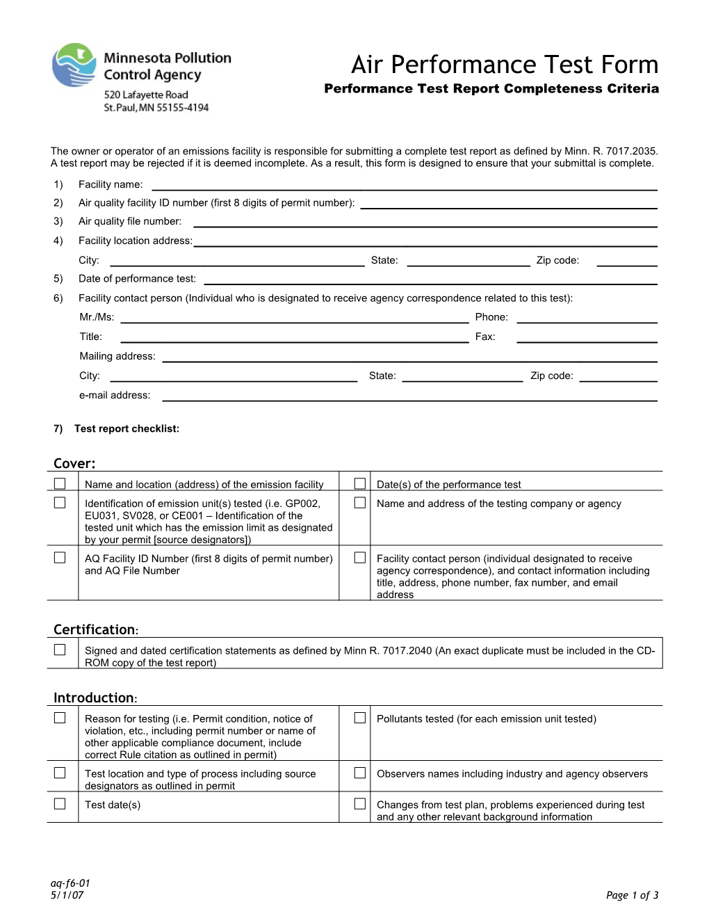 Air Performance Test Form - Performance Test Report Completeness Criteria