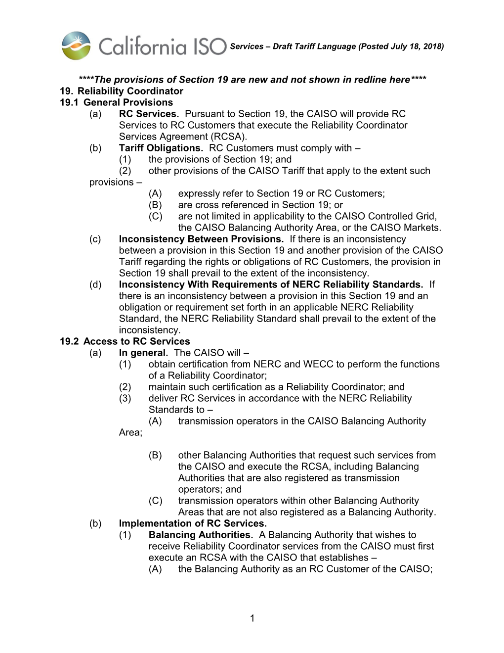 Draft Tariff Language - Reliability Coordinator Rate Design, Terms and Conditions