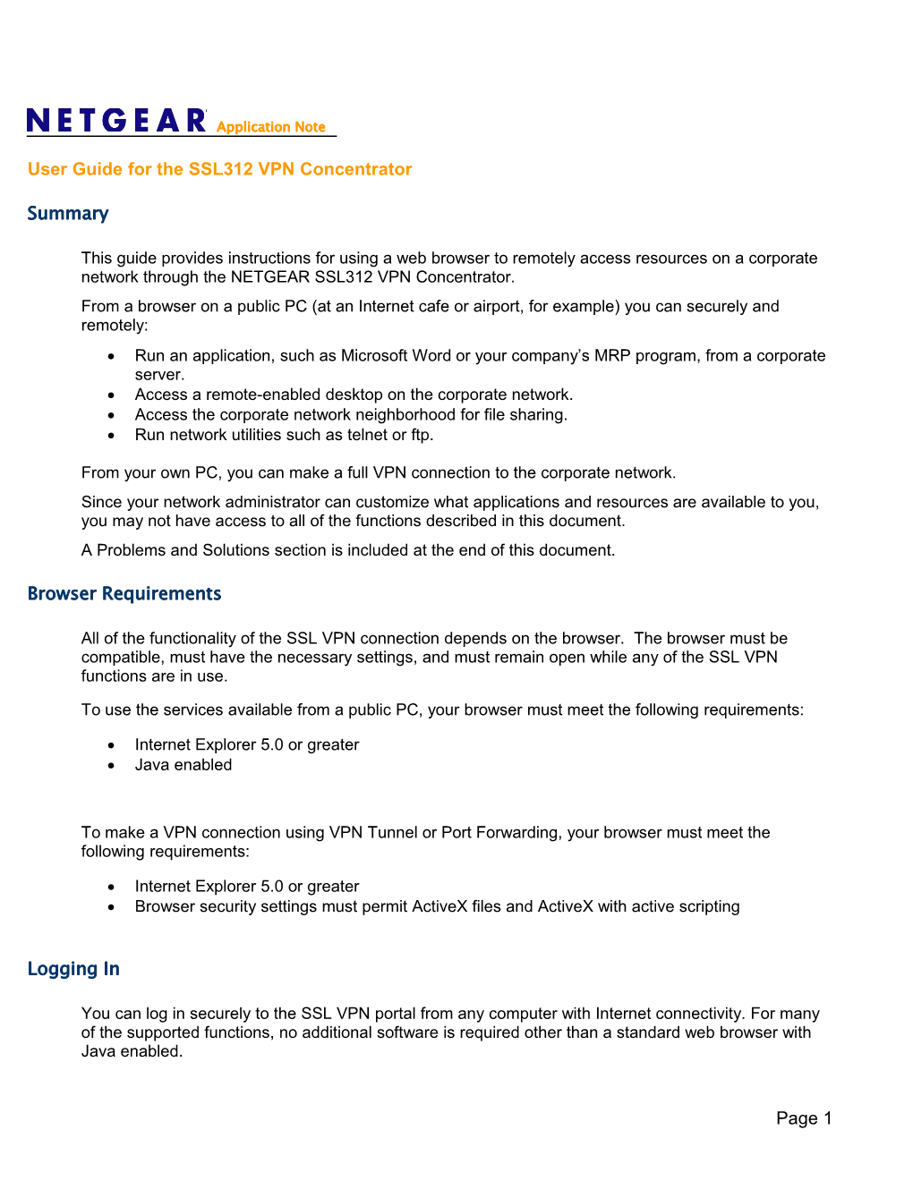 This Guide Provides Instructions for Using a Web Browser to Log in to the NETGEAR SSL312