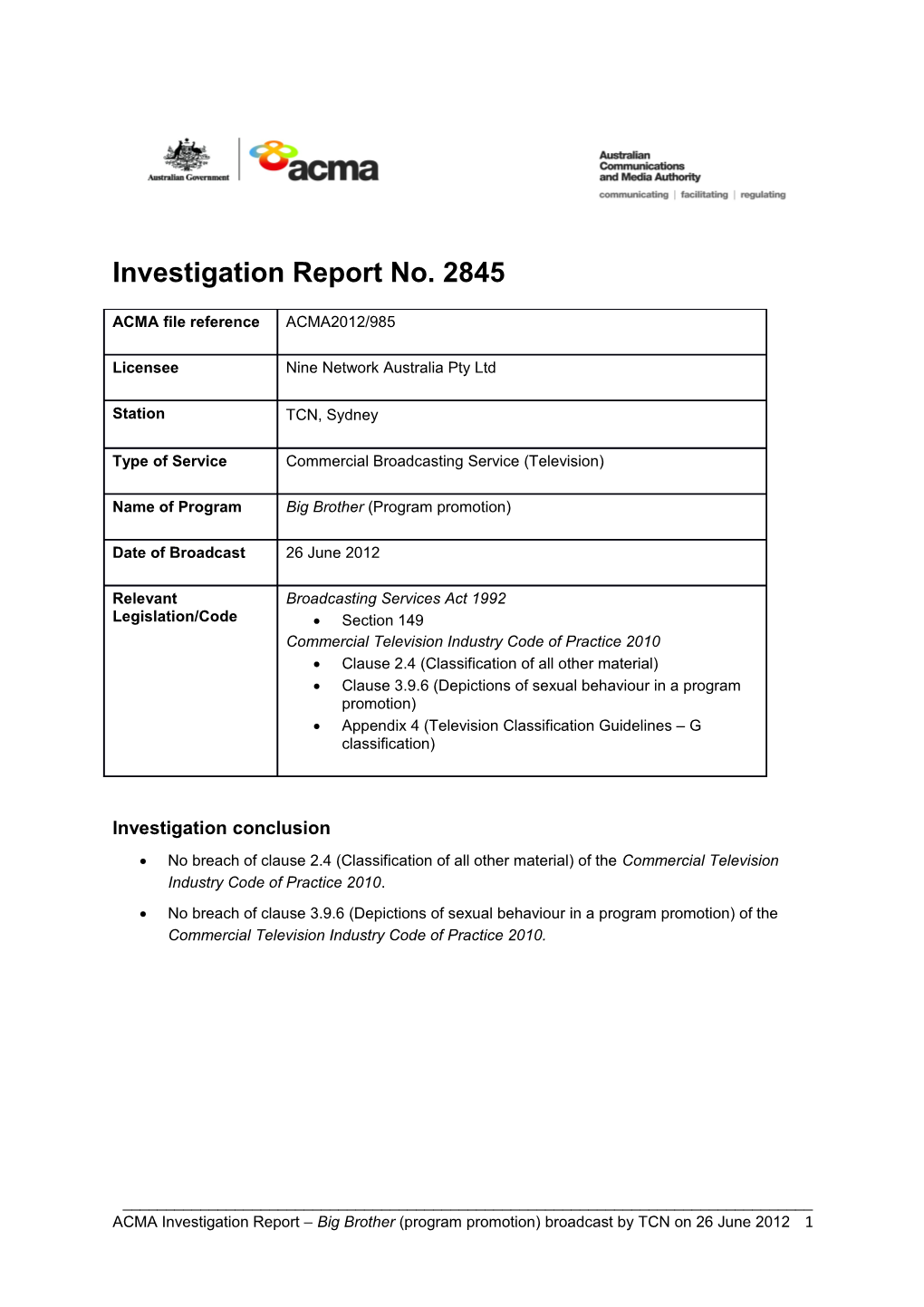 TCN Sydney - ACMA Investigation Report 2845