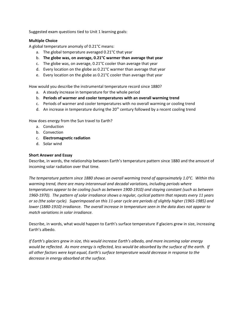 Suggested Exam Questions Tied to Unit 1 Learning Goals