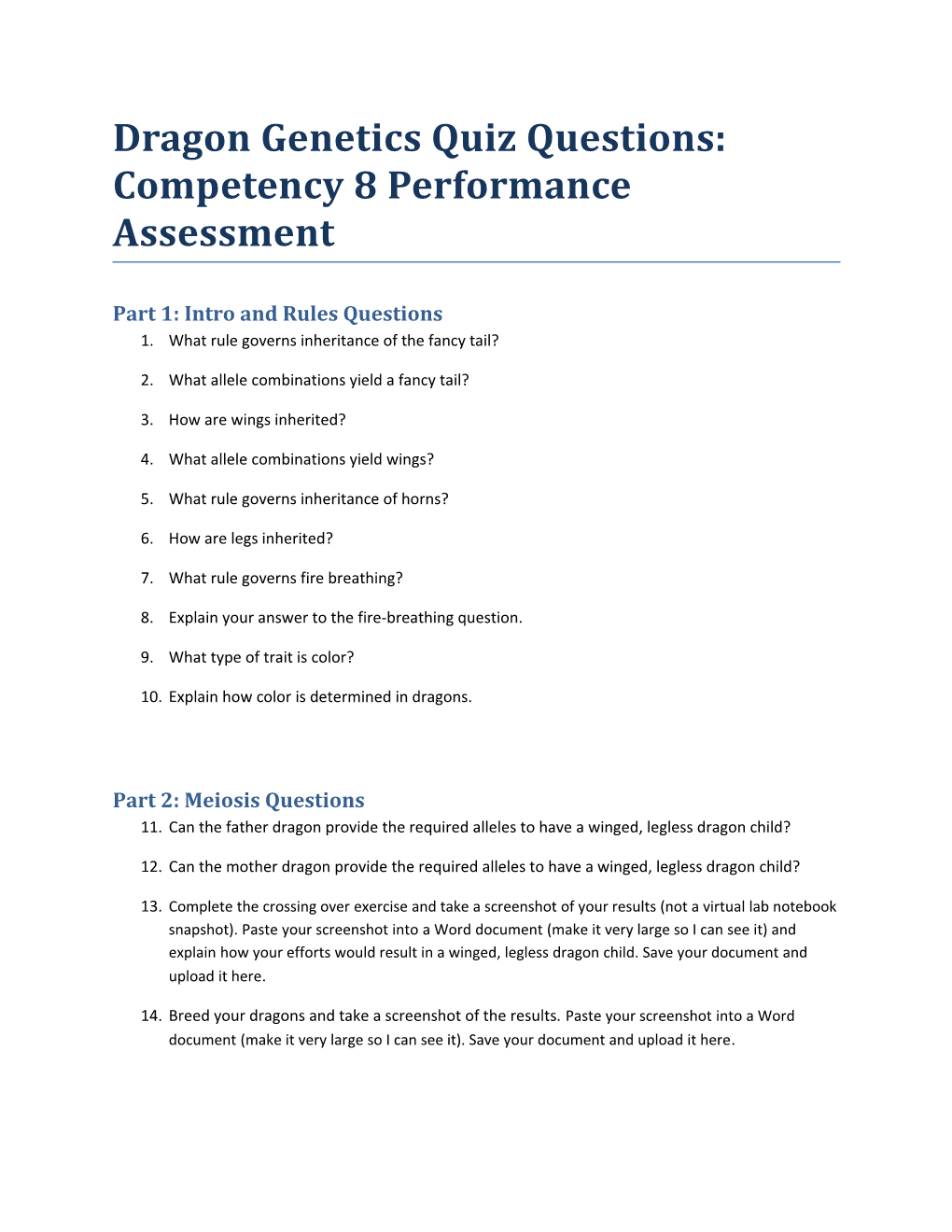 Dragon Genetics Quiz Questions: Competency 8 Performance Assessment