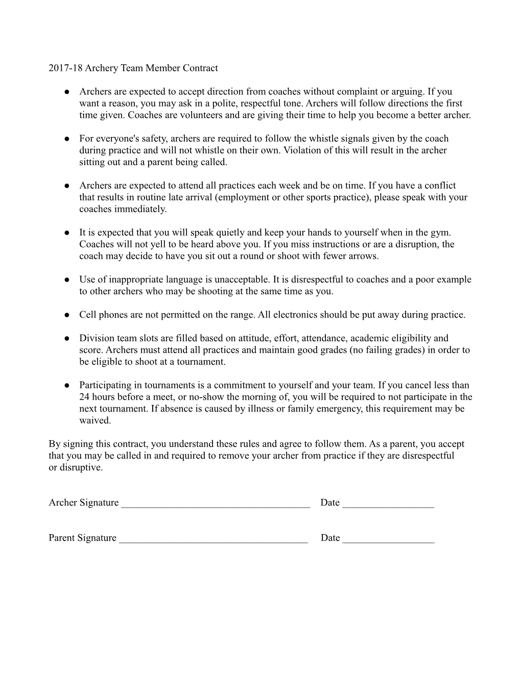 2017-18 Archery Team Member Contract