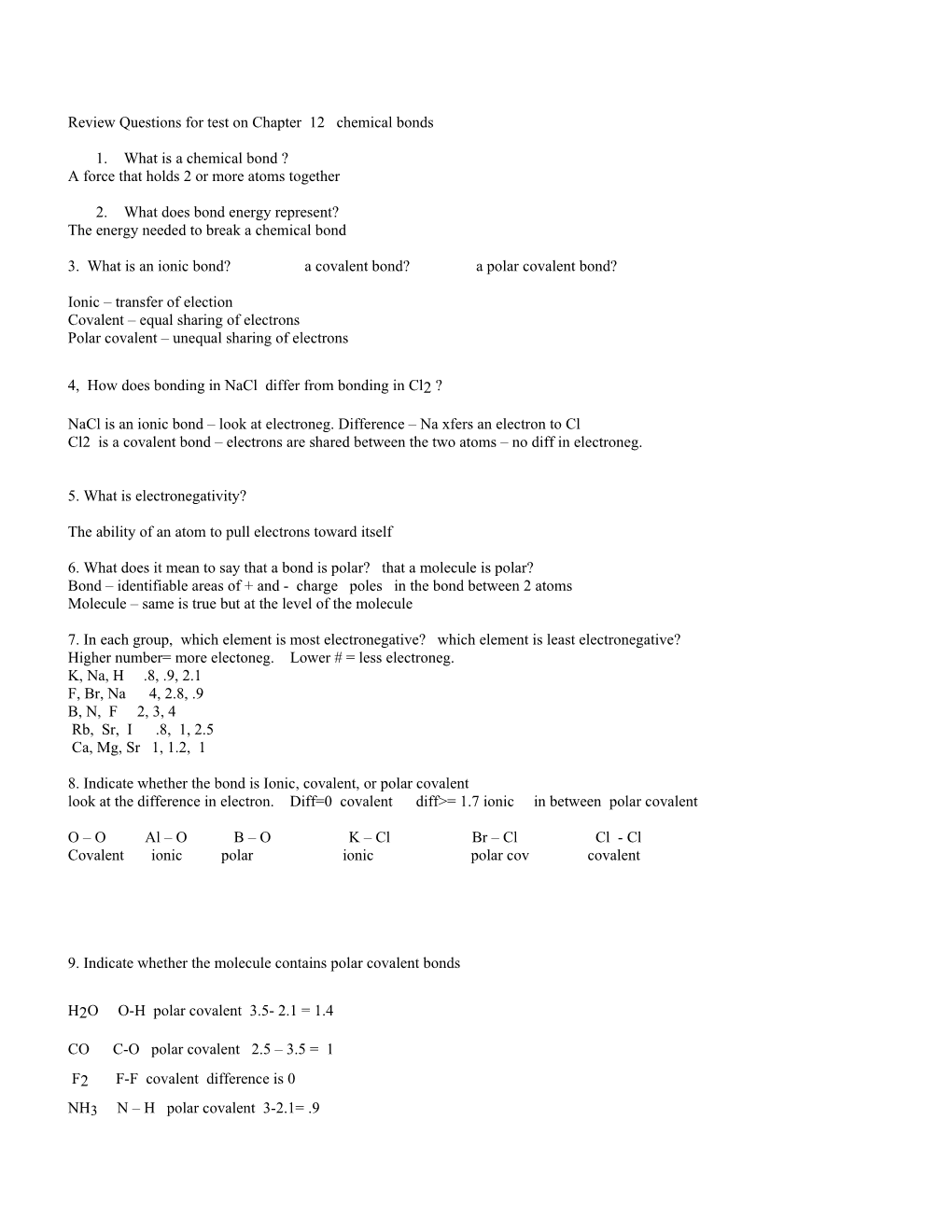 Review Questions for Test on Chapter 12 Chemical Bonds