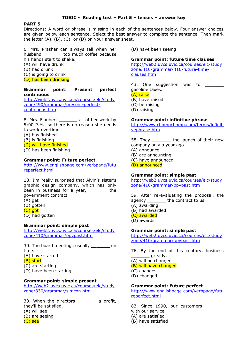 TOEIC - Reading Test Part 5 Tenses Answer Key