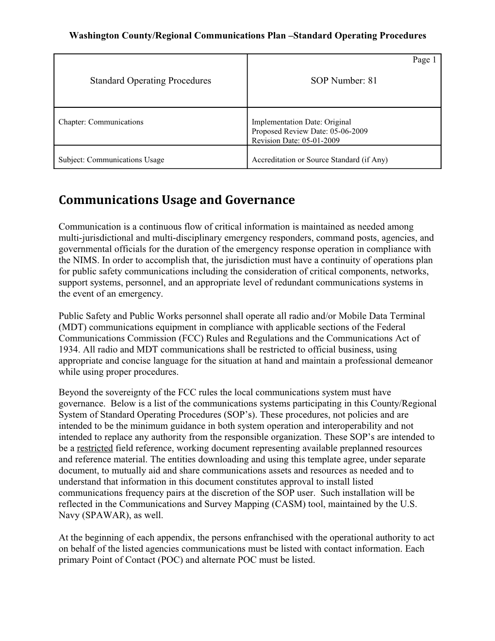 Washington County/Regional Communications Plan Standard Operating Procedures
