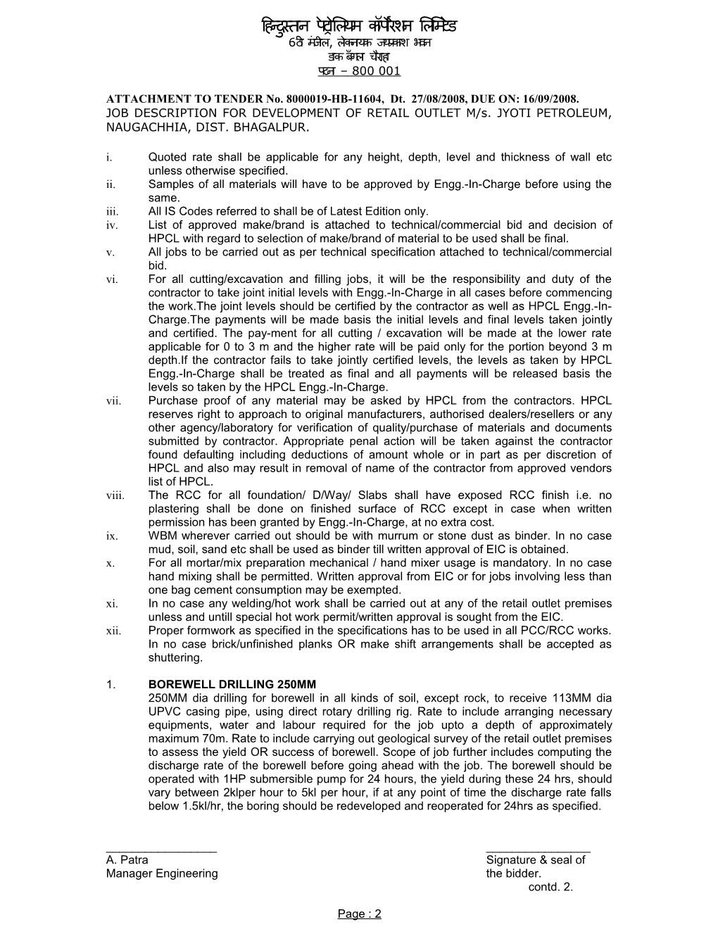 ATTACHMENT to TENDER No. 8000019-HB-11604, Dt. 27/08/2008, DUE ON: 16/09/2008