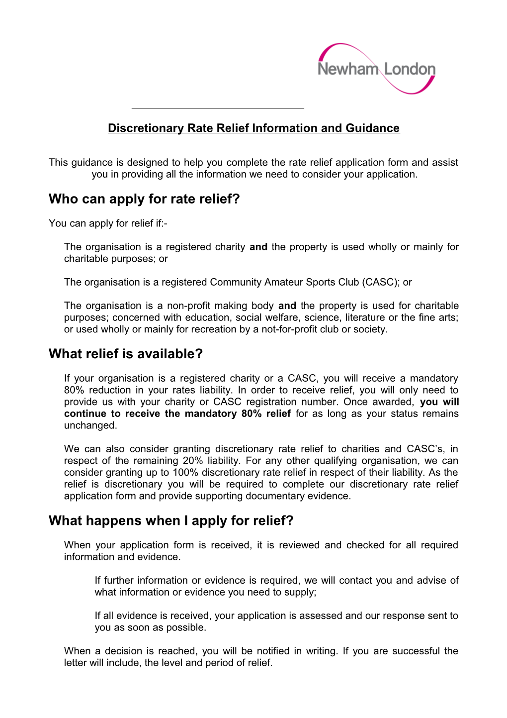 Discretionary Business Rate Relief for Non-Profit Organisations - Guidance Notes and Application