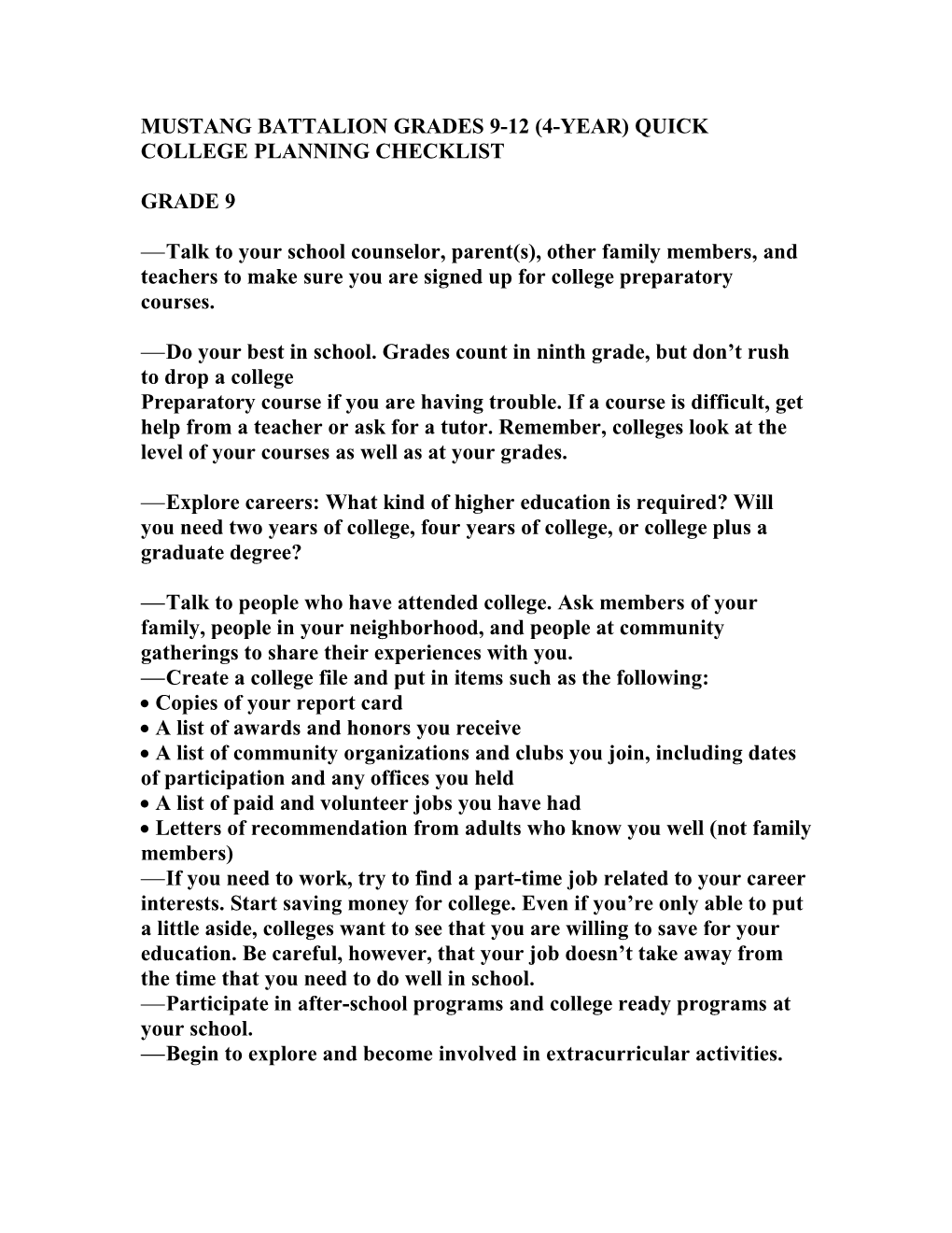 Mustang Battalion Grades 9-12 (4-Year) Quick College Planning Checklist
