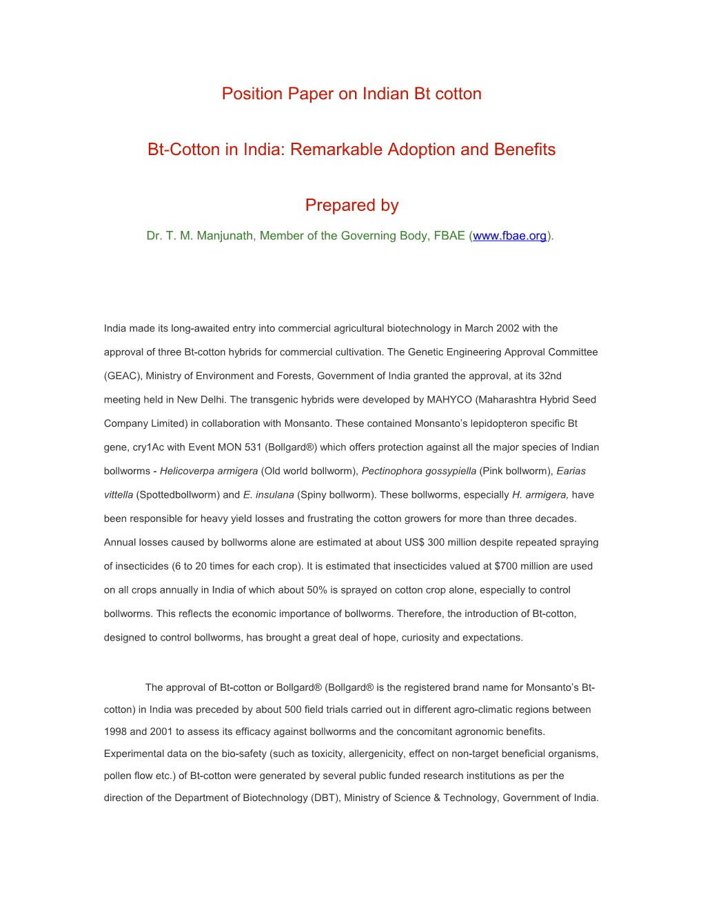Position Paper on Indian Bt Cotton
