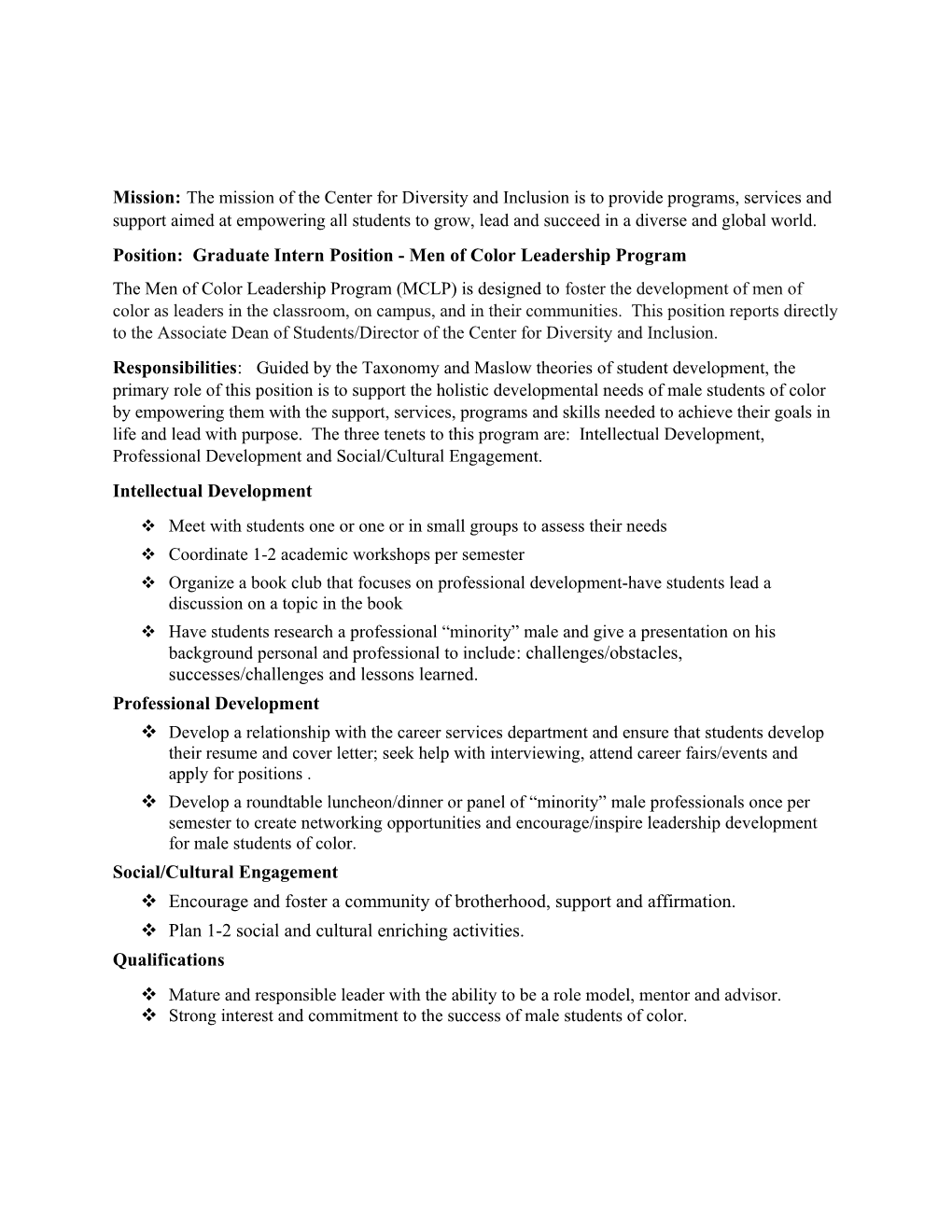 Position: Graduate Intern Position - Men of Color Leadership Program