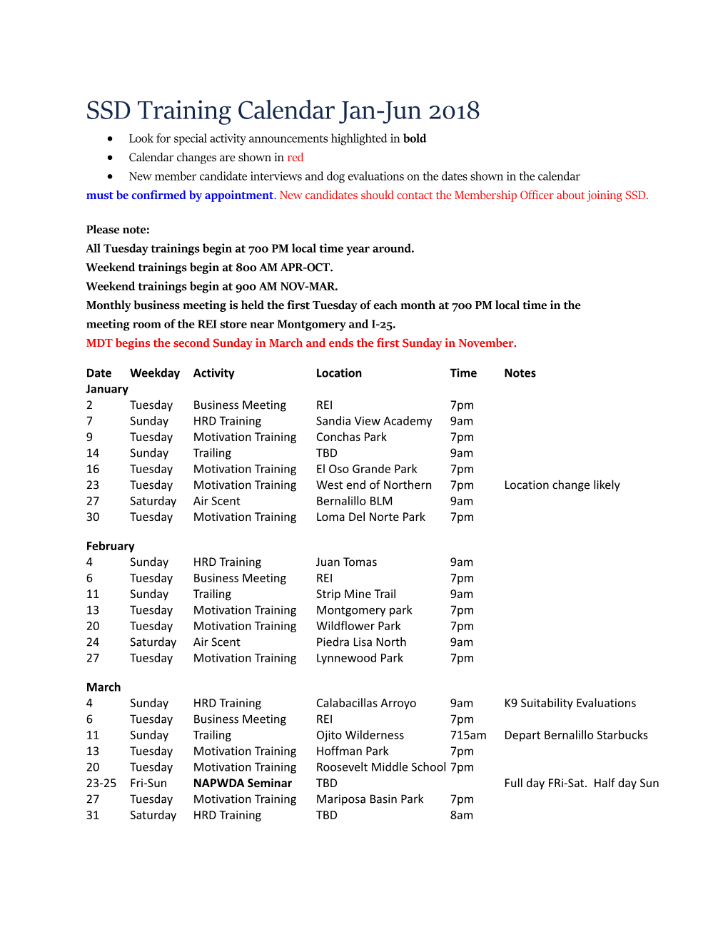 SSD Training Calendar Jan-Jun 2018