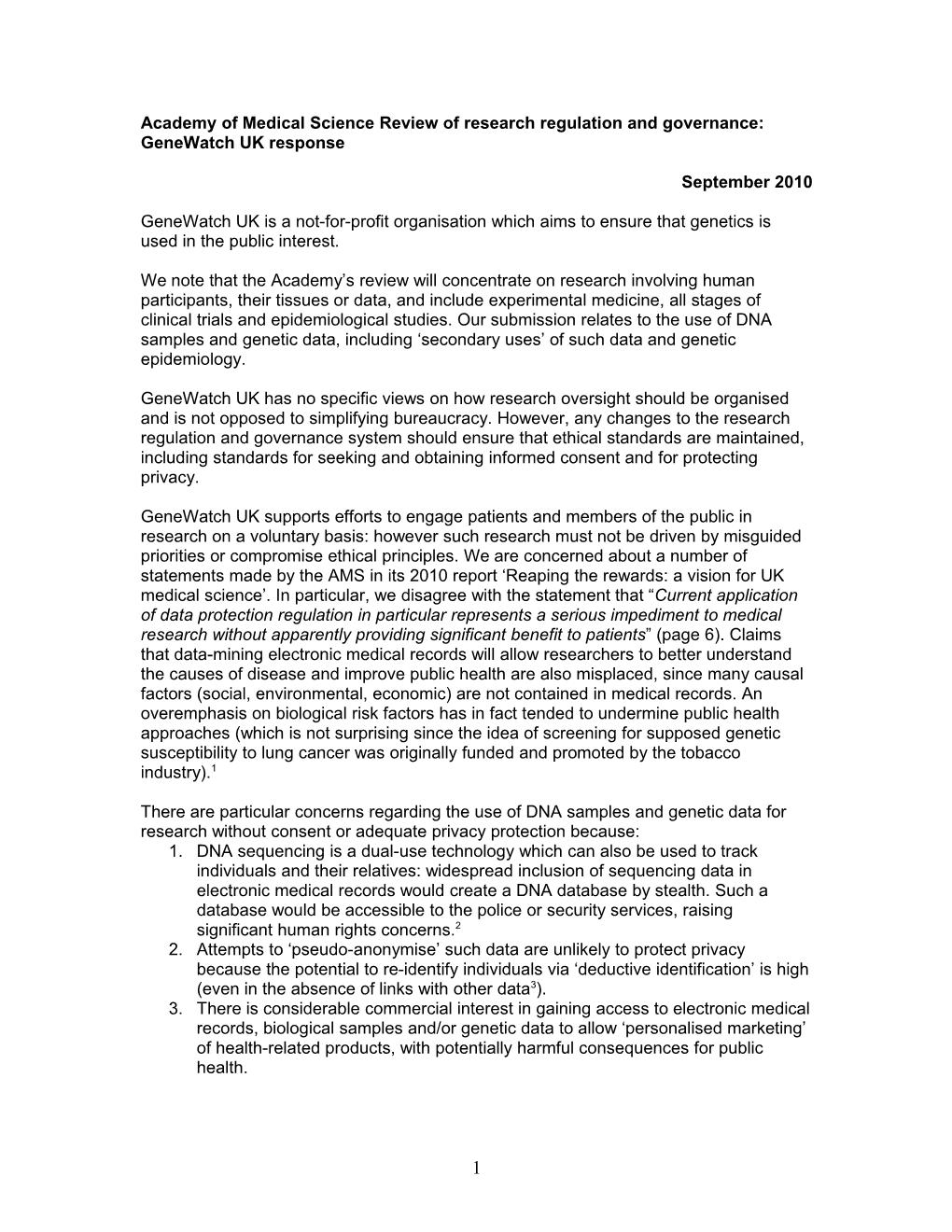 Academy of Medical Science Review of Research Regulation and Governance: Genewatch UK Response