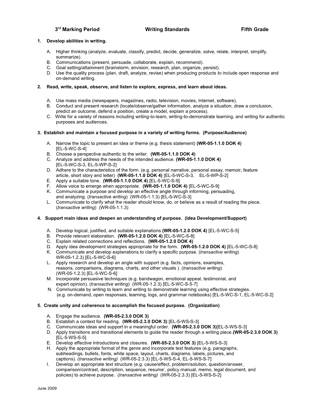 Second Marking Period Writing Standards Fifth Grade