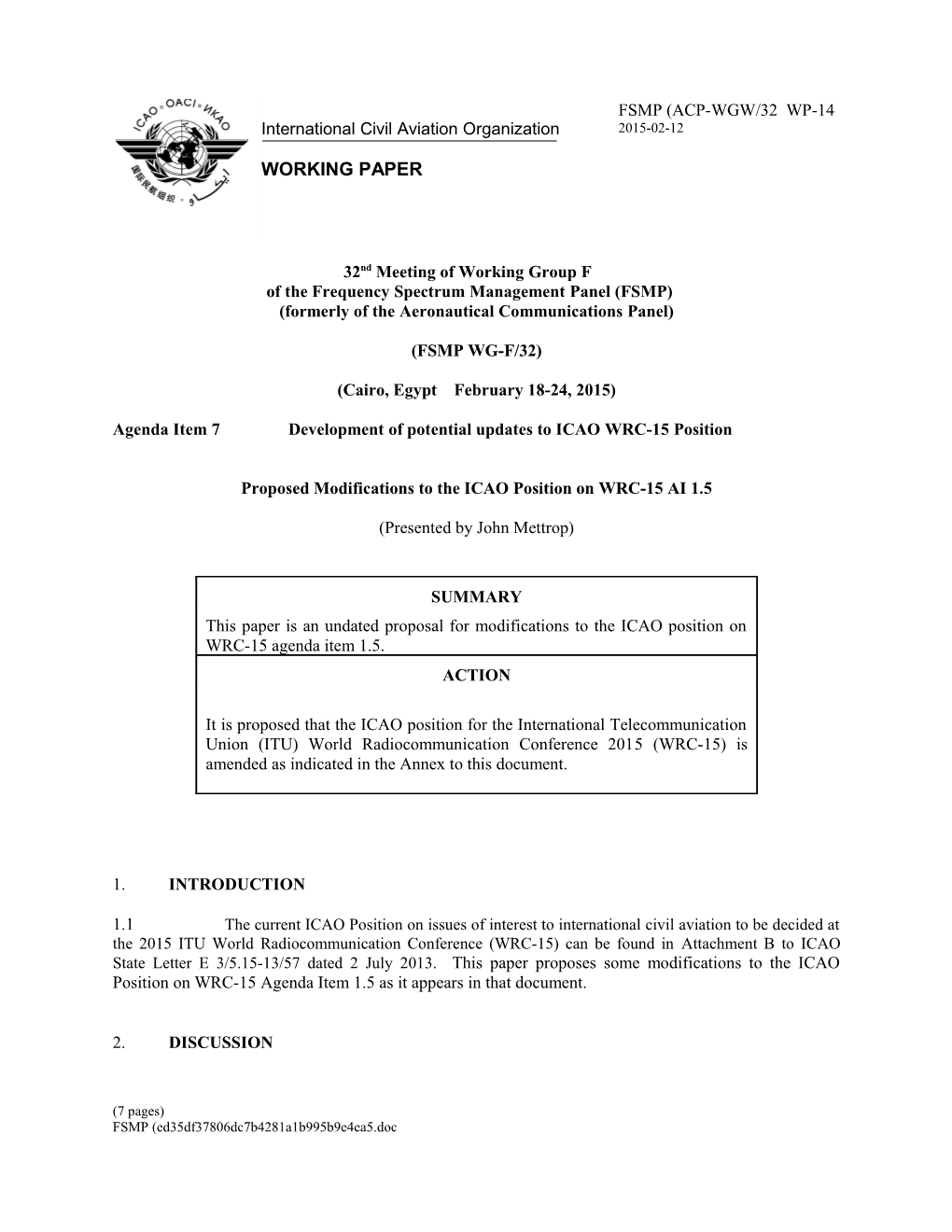 Proposed Modifications to the ICAO Position on WRC-15 AI 1.5