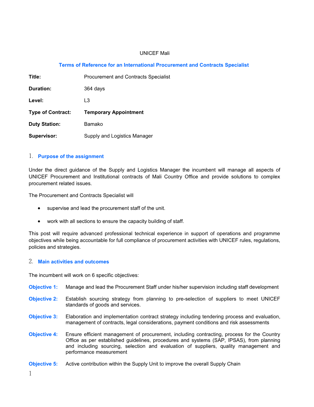 Terms of Reference for an International Procurement and Contracts Specialist