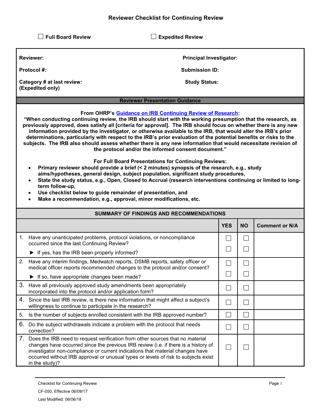 Reviewer Checklist for Continuing Review