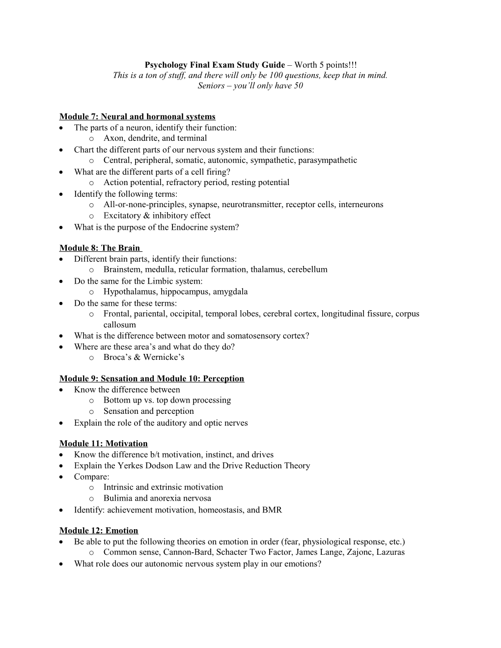 Psychology Final Exam Study Guide