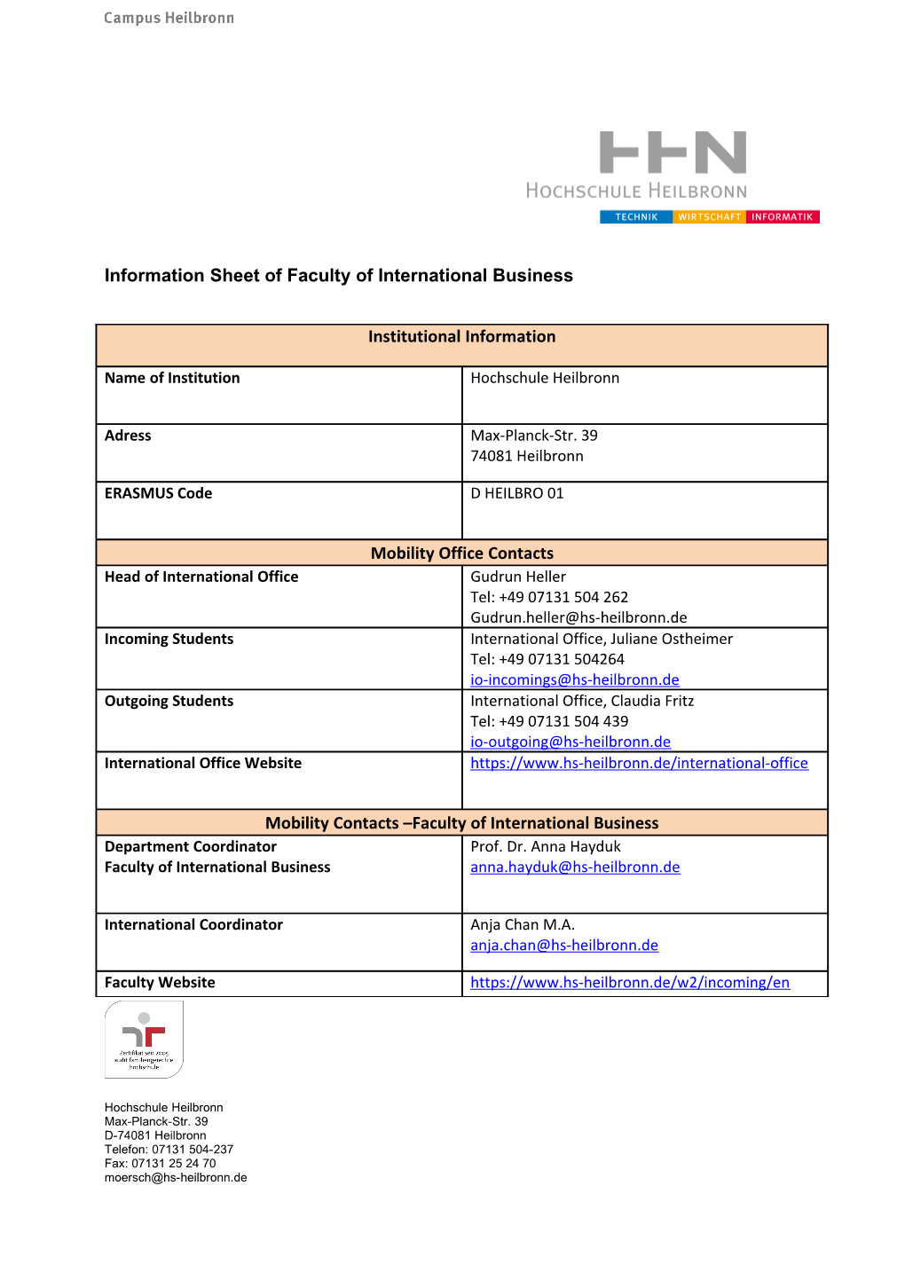 Information Sheet of Faculty of International Business