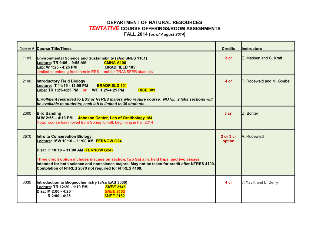 Tentative Course Offerings/Room Assignments