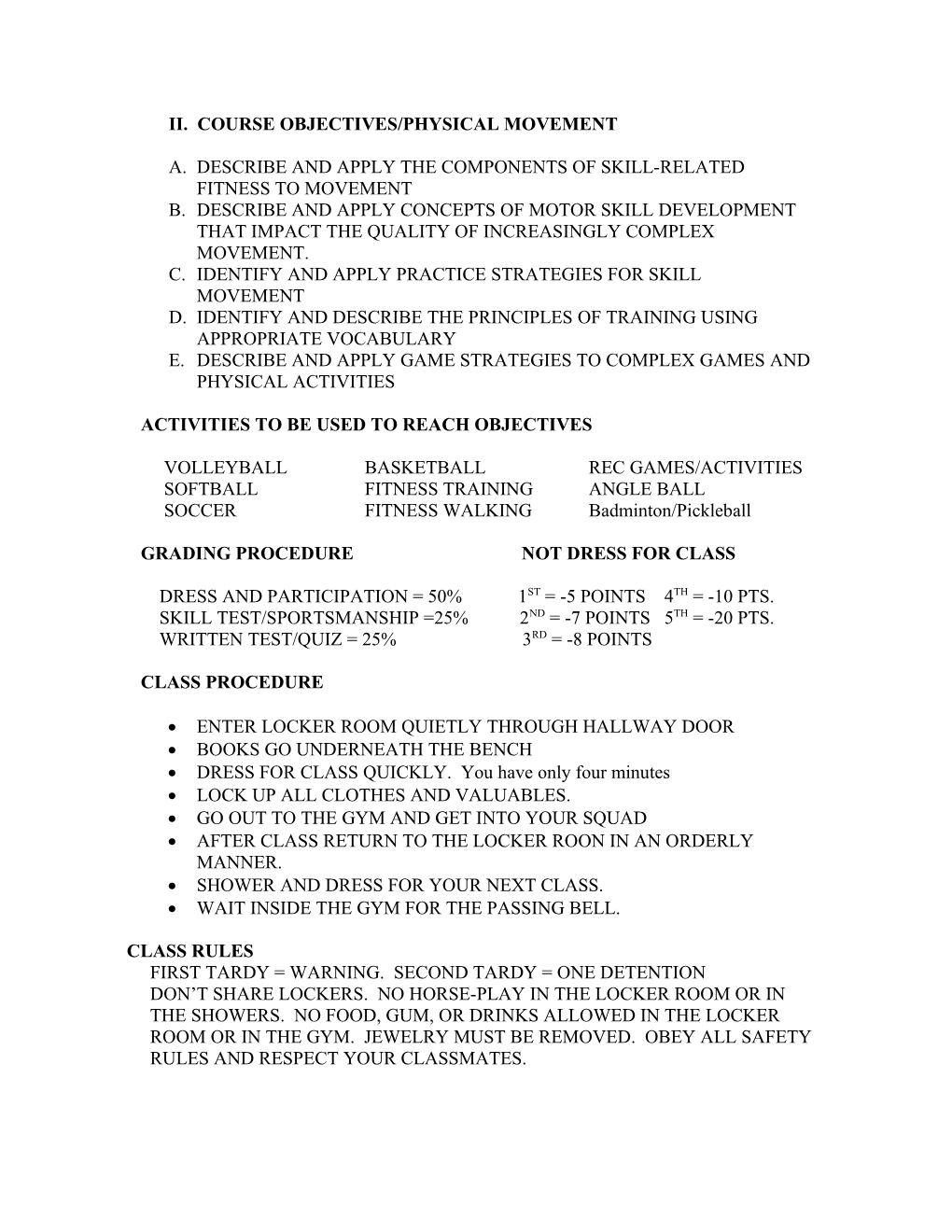Physical Education Syllabus 9 Mr. Cook