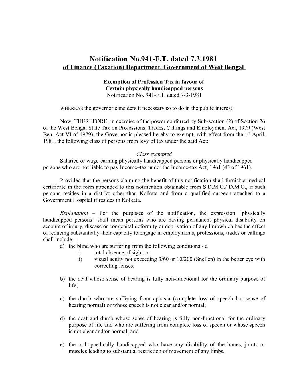 Extract of Appendix II Regarding Notifications U/S