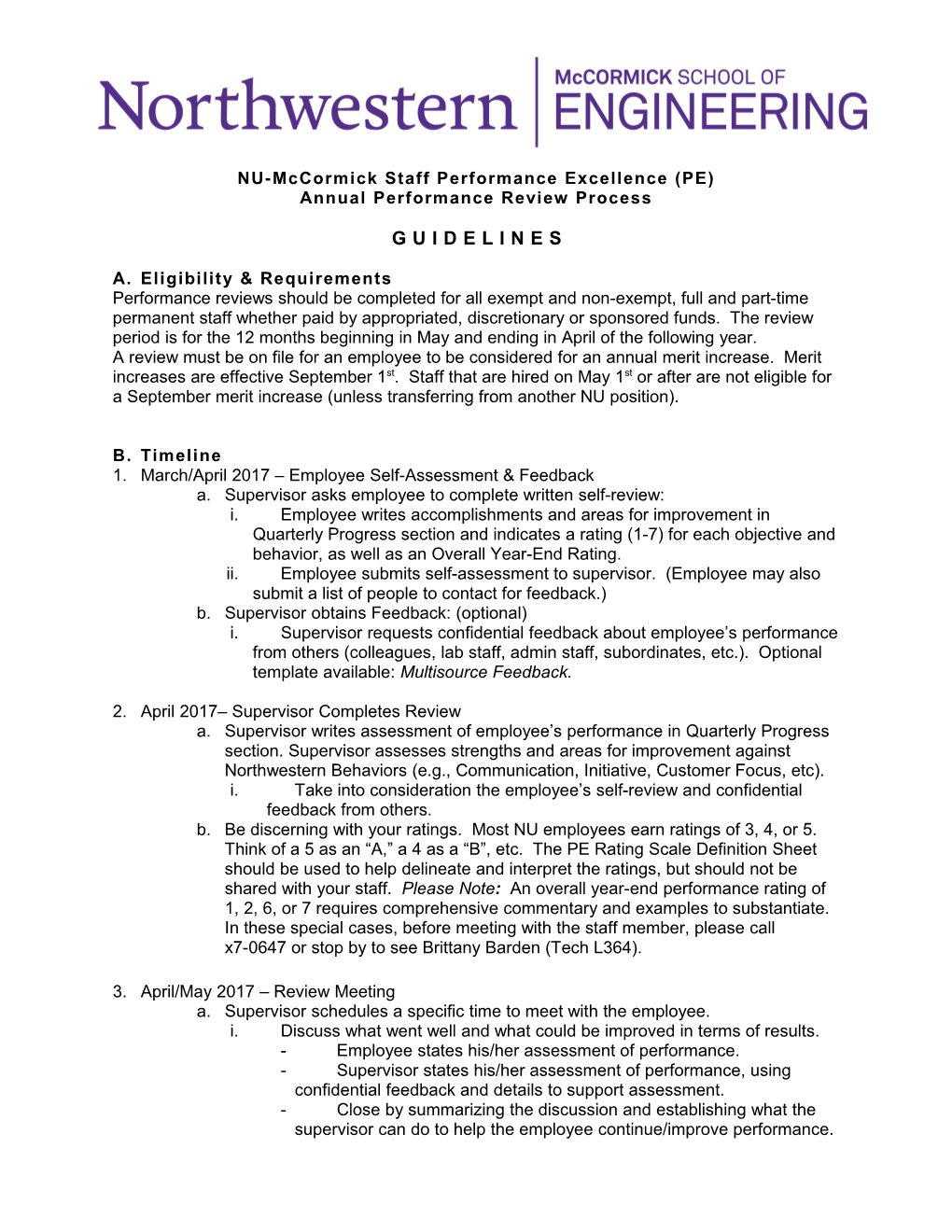 NU-Mccormick Staff Performance Excellence (PE) Annual Performance Review Process