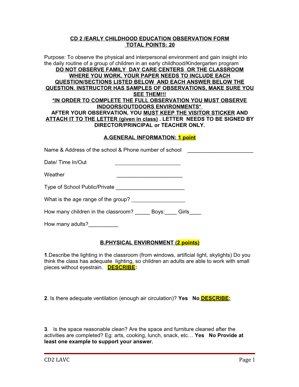Cd 2 /Early Childhood Education Observation Form