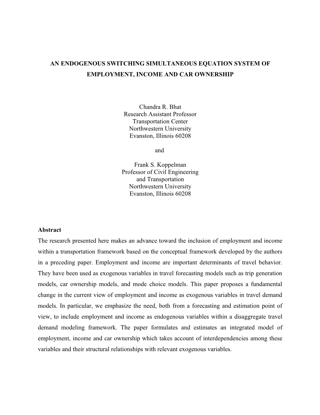 An Endogenous Switching Simultaneous Equation System of Employment, Income and Car Ownership