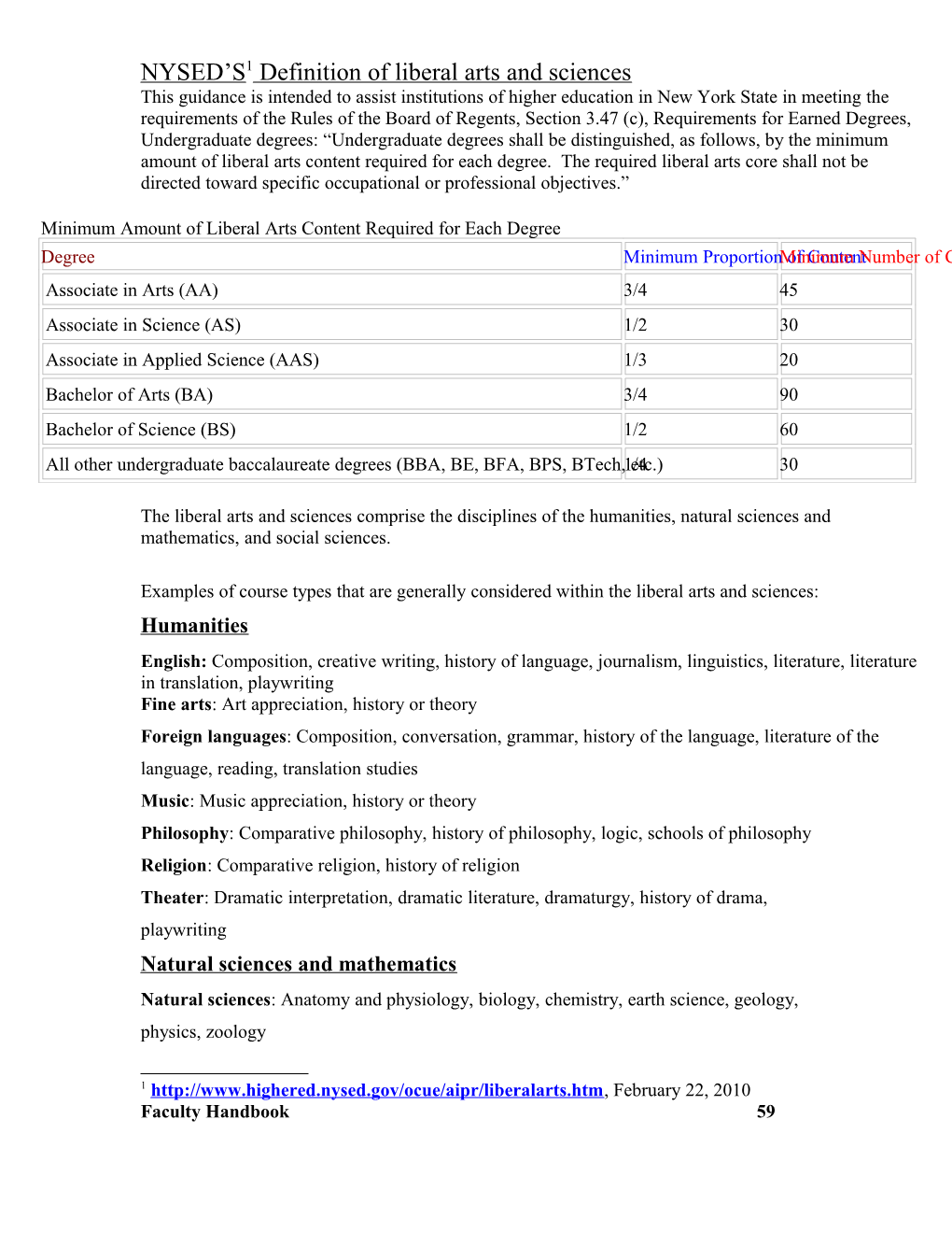 NYSED S Definition of Liberal Arts and Sciences