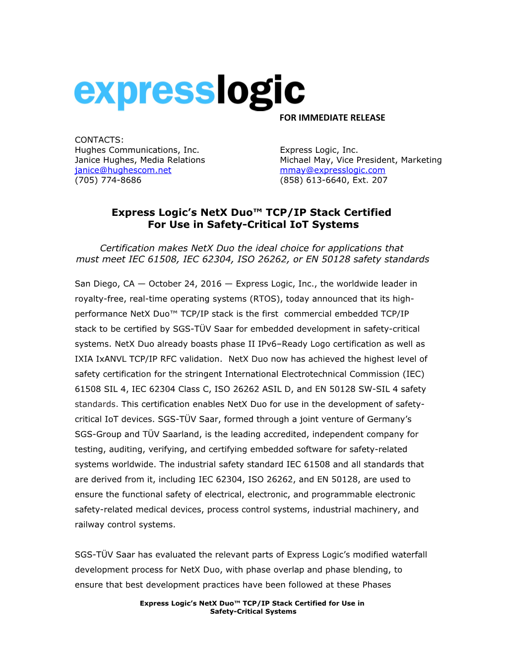 Express Logic Press Release