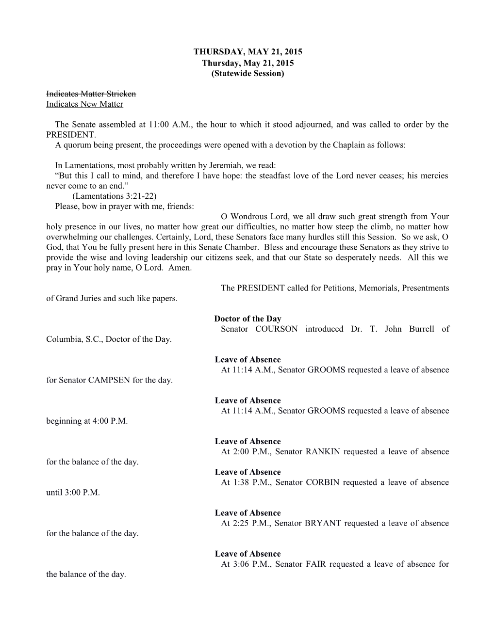 Senate Journal for 5/21/2015 - South Carolina Legislature Online