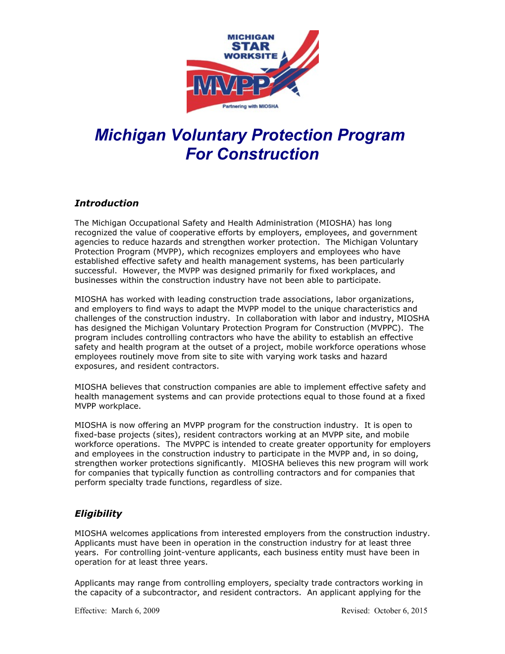 Michigan Voluntary Protection Program for Construction