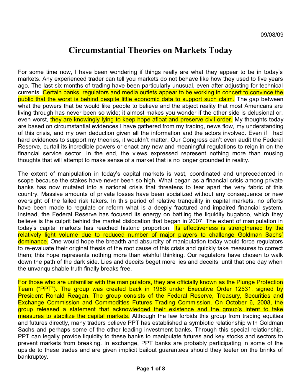 Circumstantial Theories on Markets Today