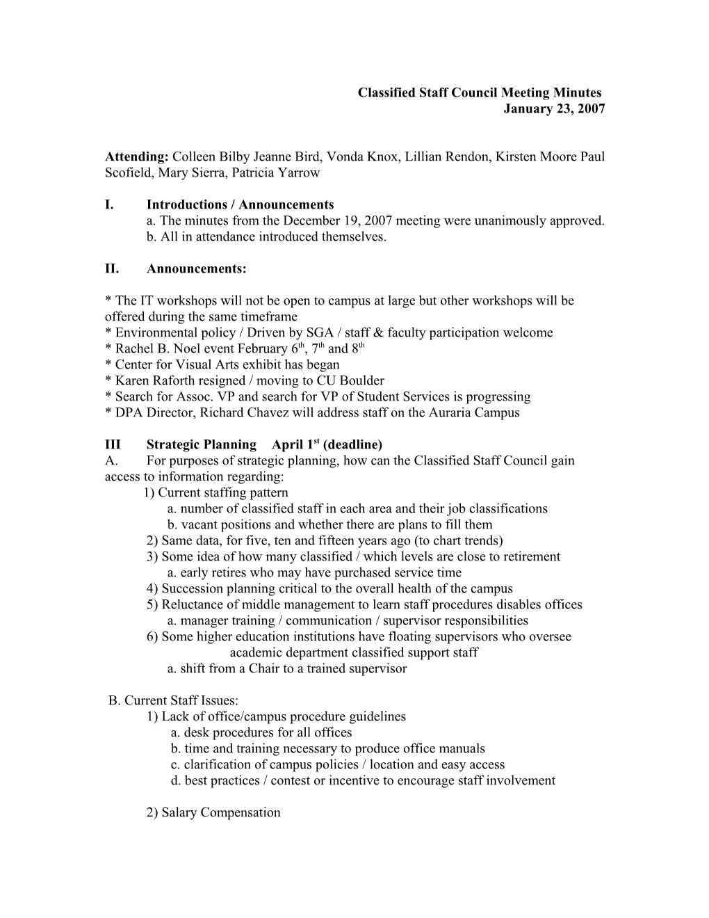 Notes CSC Meeting 1/23/07