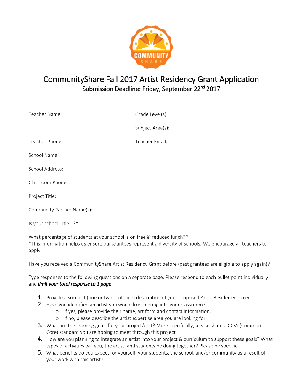 Communityshare Fall 2017 Artist Residency Grant Application