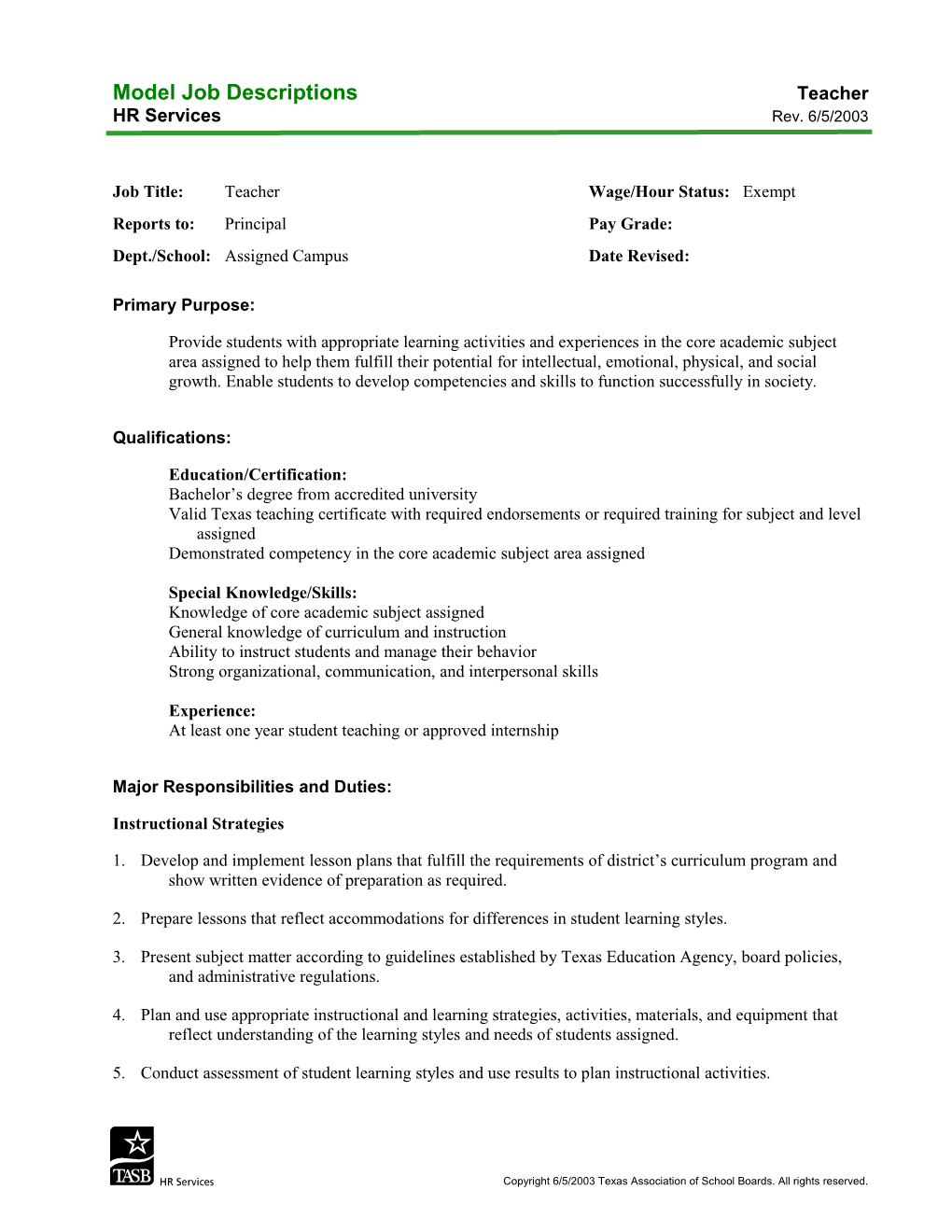 Model Job Descriptionsteacher