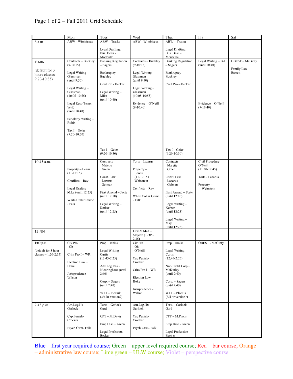 Page 1 of 2 Fall 2011 Grid Schedule