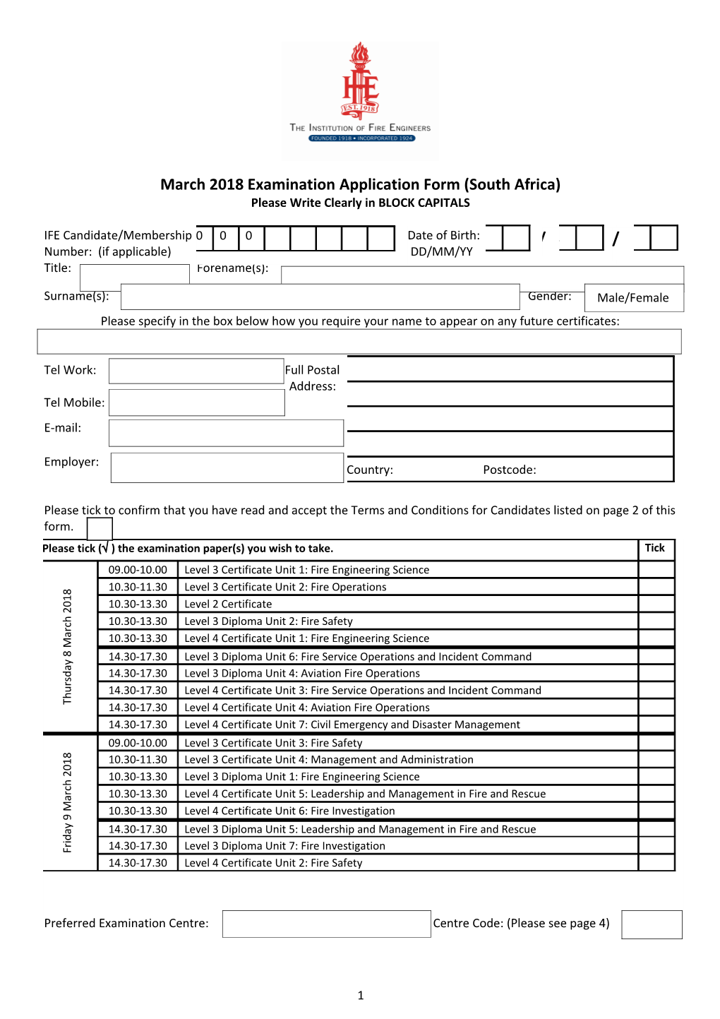 March 2018 Examination Application Form (South Africa)