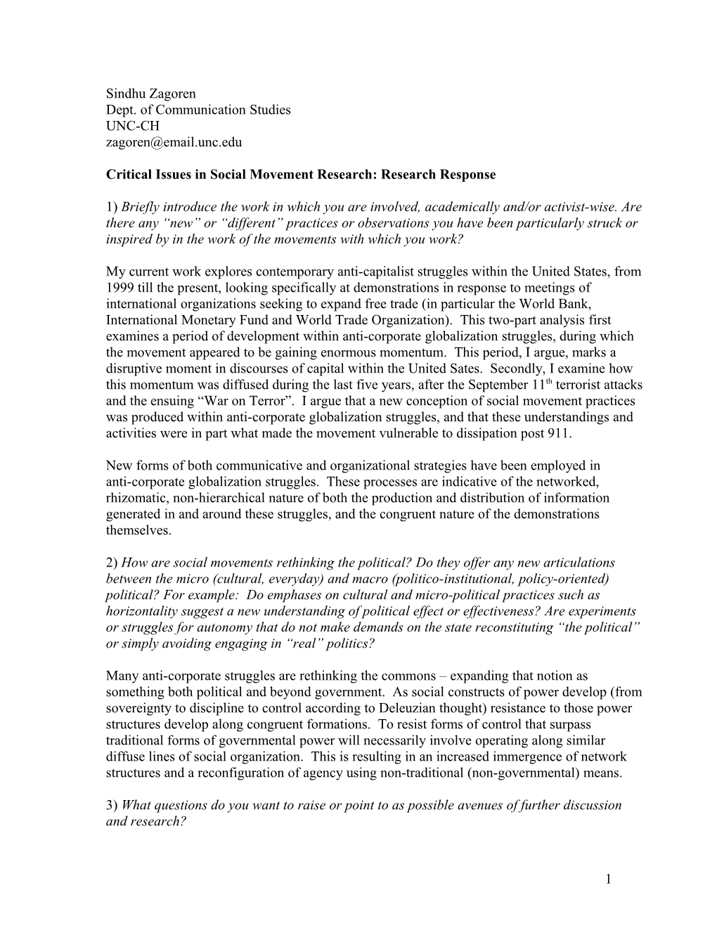 Critical Issues in Social Movement Research: Research Response
