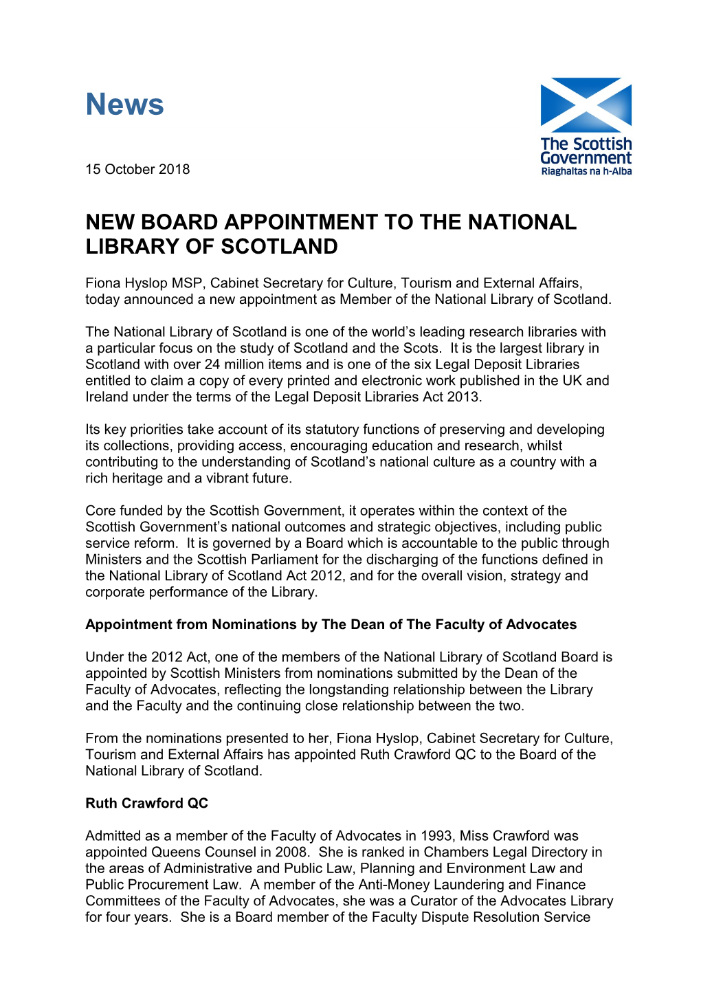 New Board Appointment to the National Library of Scotland