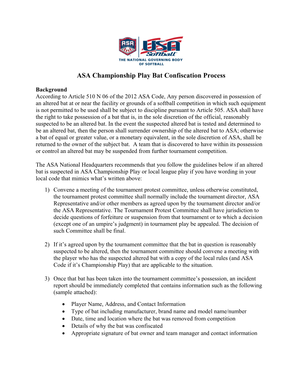 ASA Championship Play Bat Confiscation Process