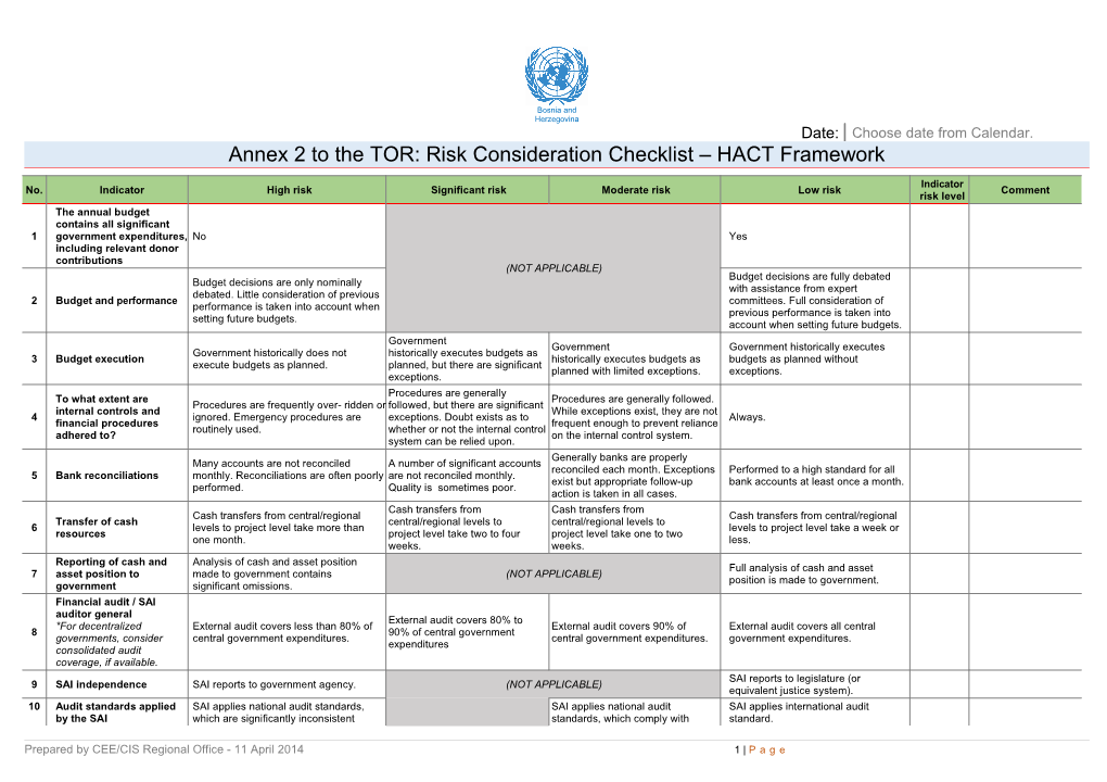 Annex 2 to the TOR: Risk Consideration Checklist HACT Framework