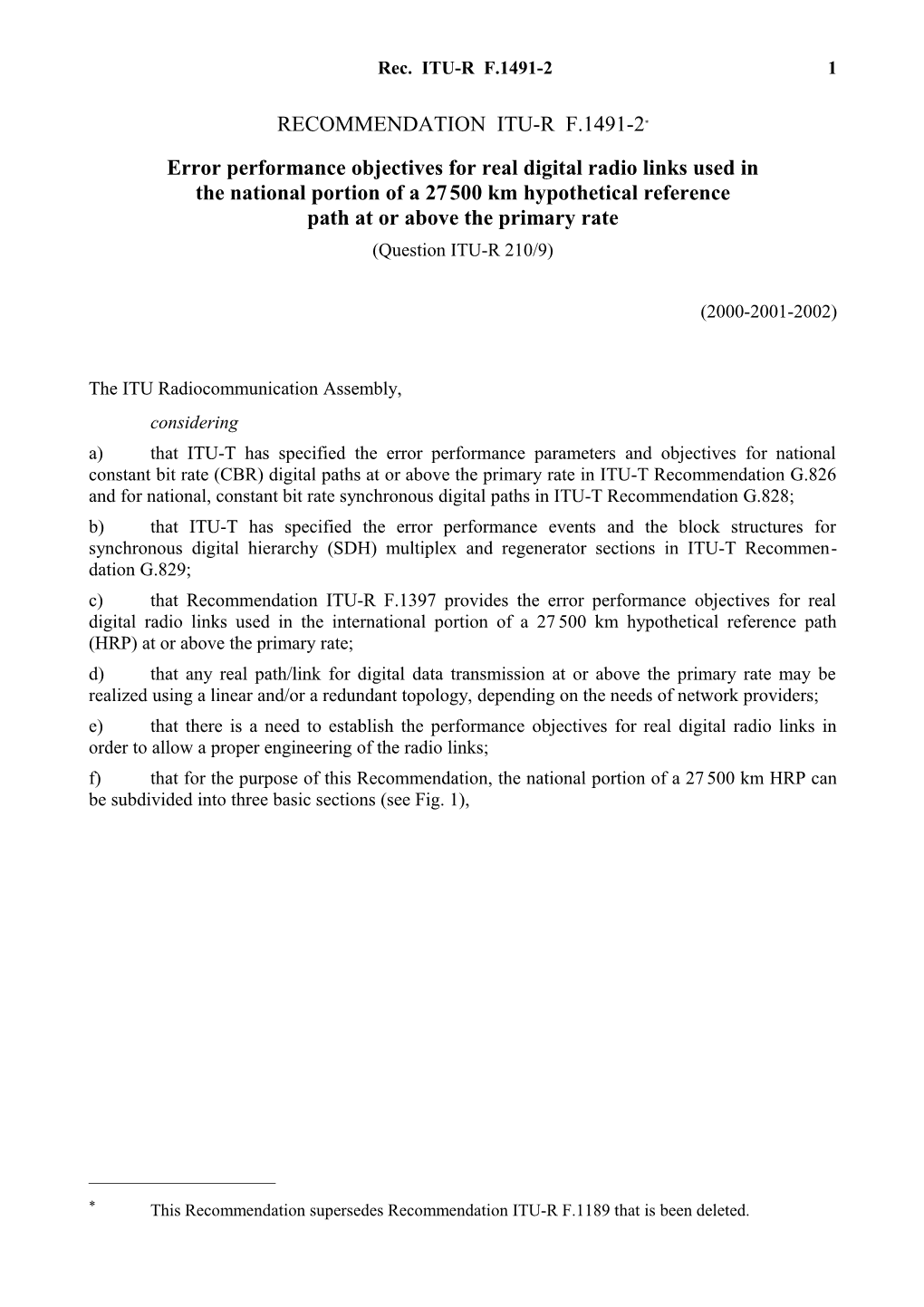 RECOMMENDATION ITU-R F.1491-2 - Error Performance Objectives for Real Digital Radio Links