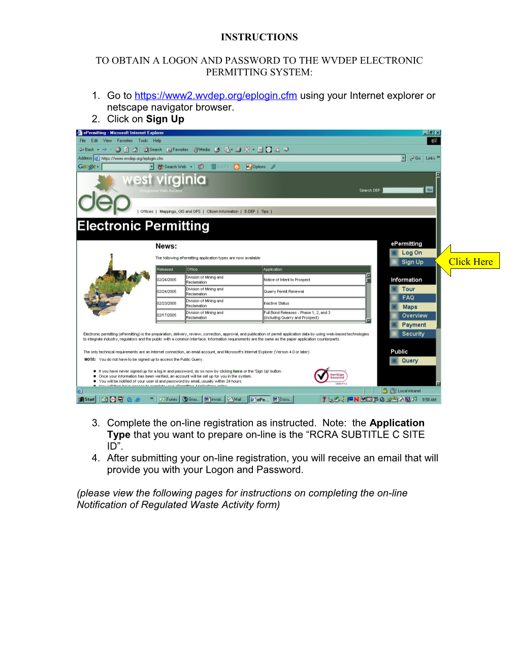 To Obtain a Logon and Password to the Wvdep Electronic Permitting System