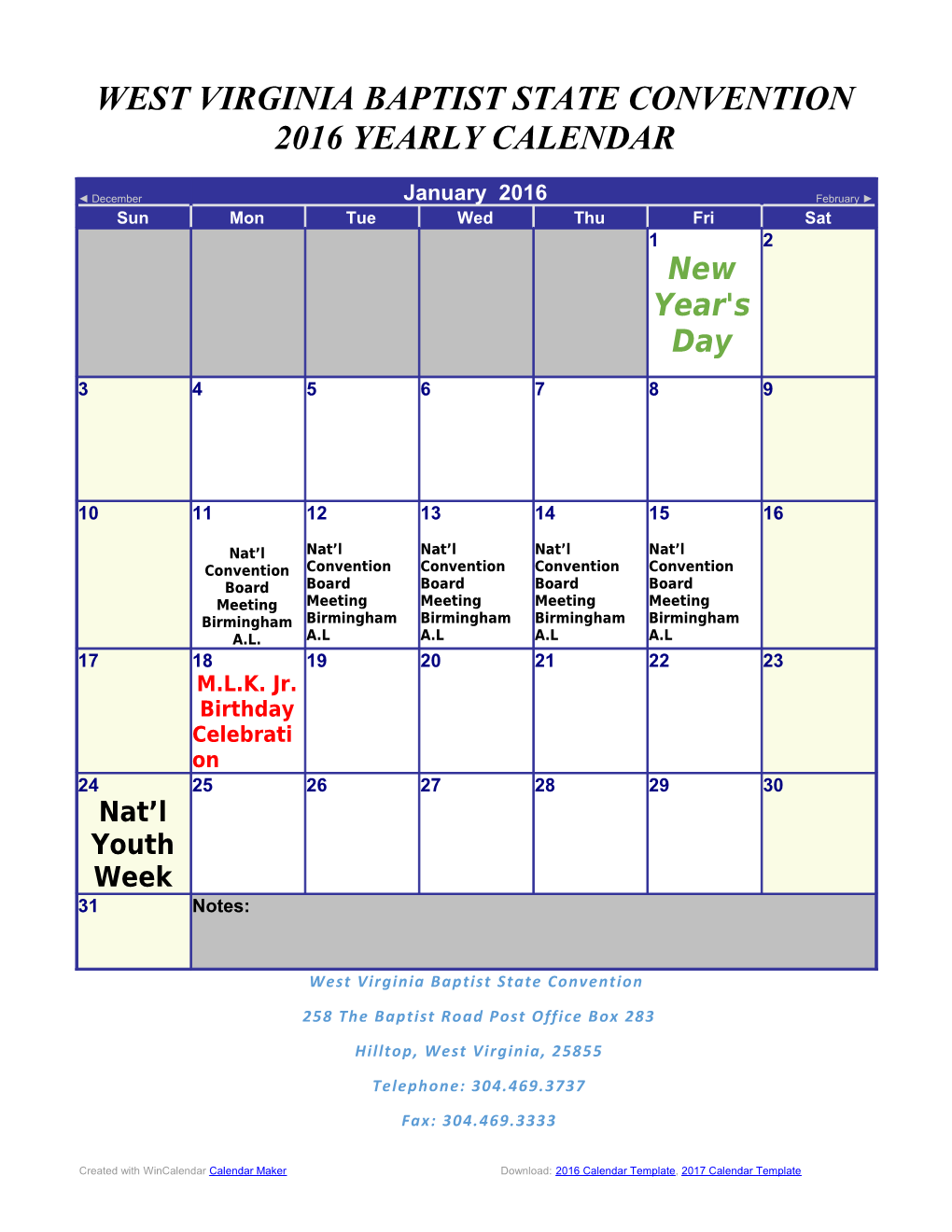 Blank 2016 Monthly Calendar