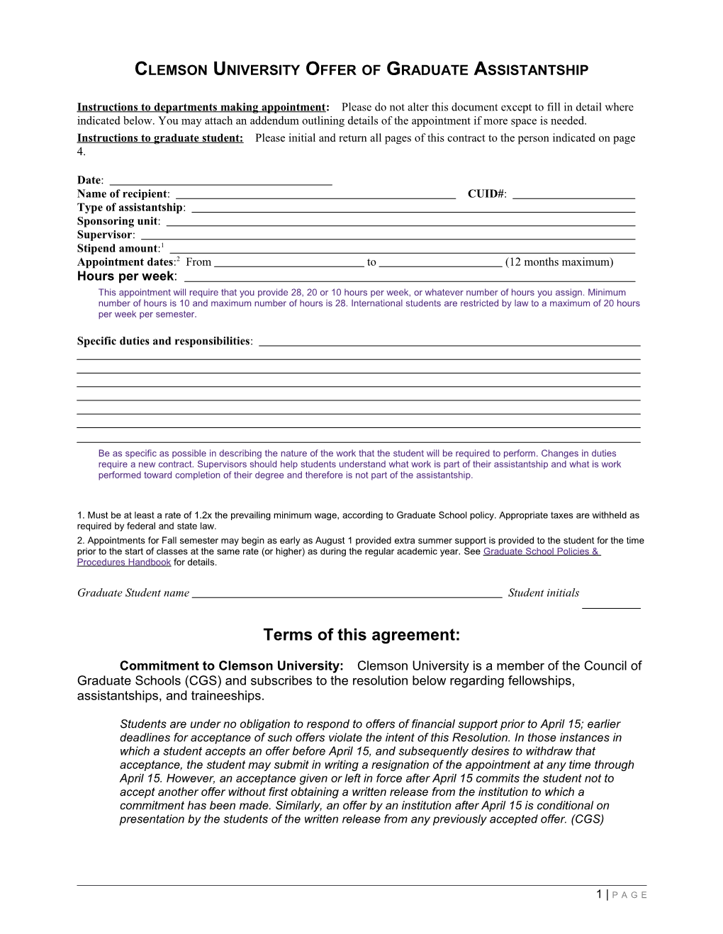 Clemson University Graduate Assistantship Contract