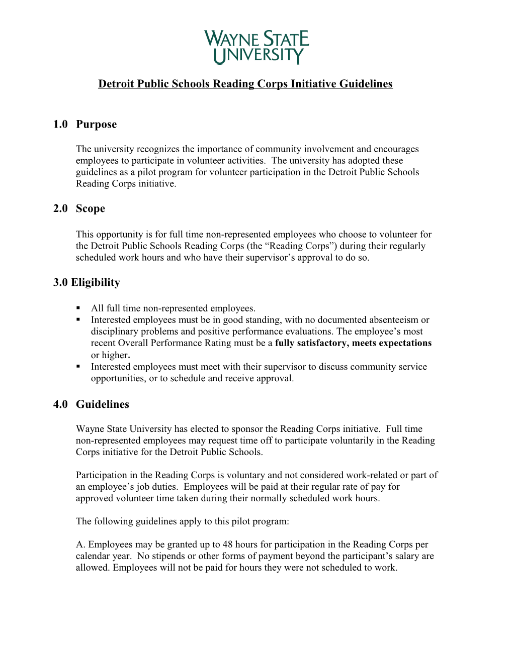 Detroit Public Schools Reading Corps Initiative Guidelines